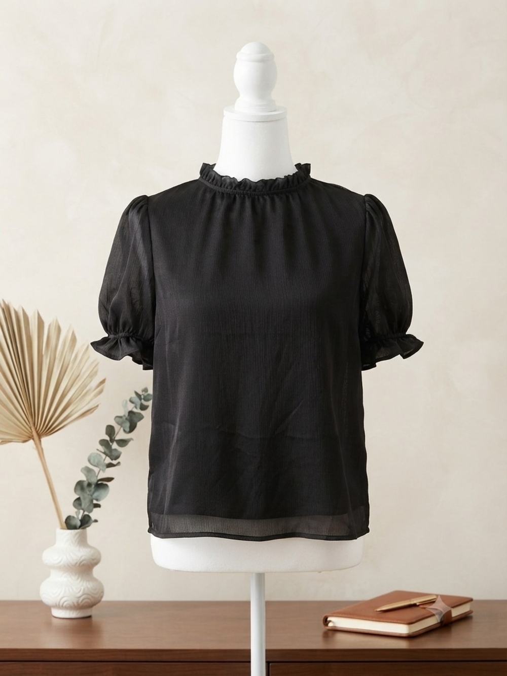 Mele E Pere Mock Neck Ruffled Puff Sleeve Semi Sheer Top